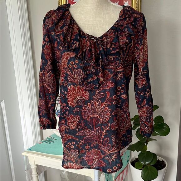Ralph Lauren Lauren VTG Floral Ruffle Neck w Tie Lightweight Cotton - Picture 1 of 10